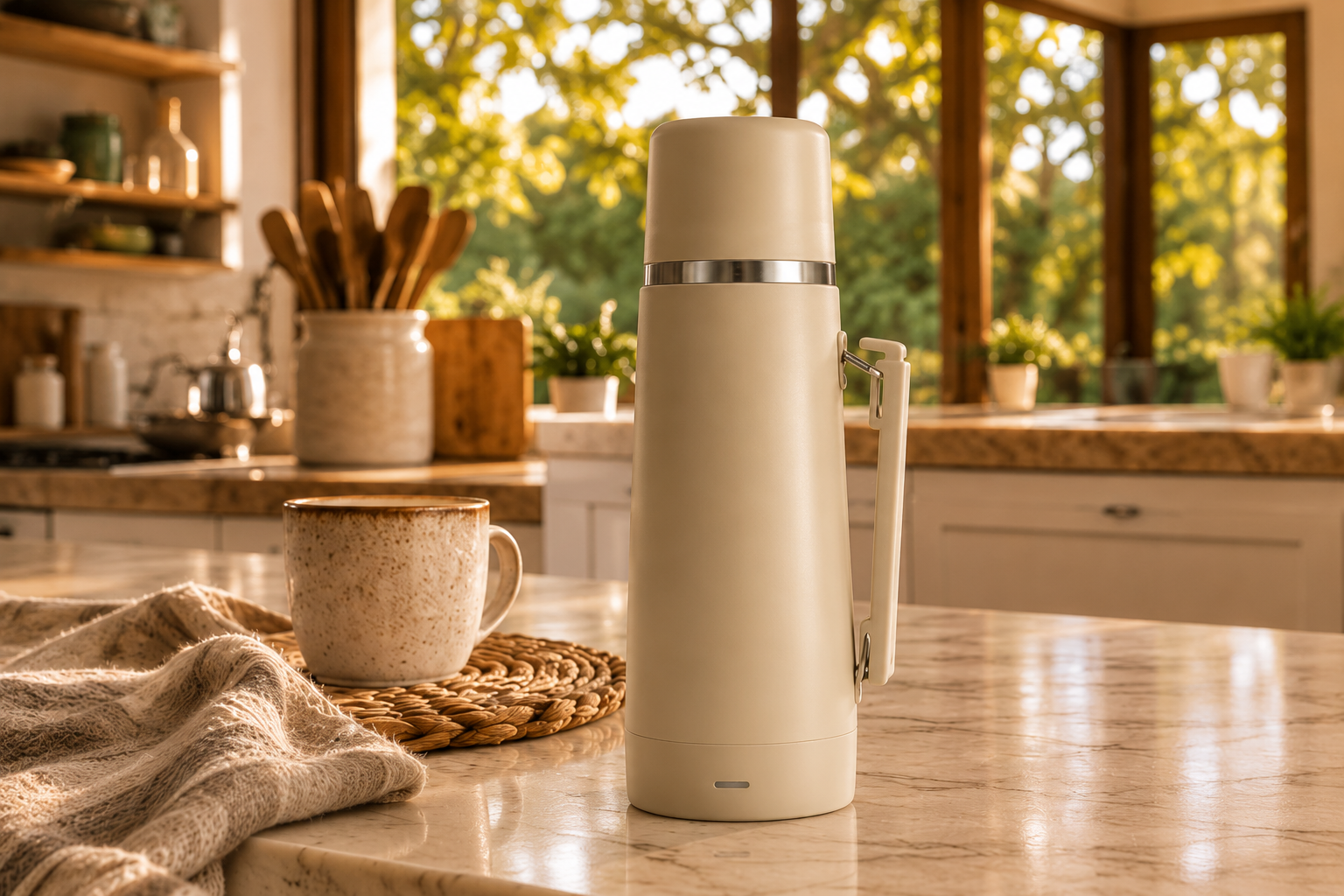 Termo eléctrico beige premium sobre mesada de cocina cálida