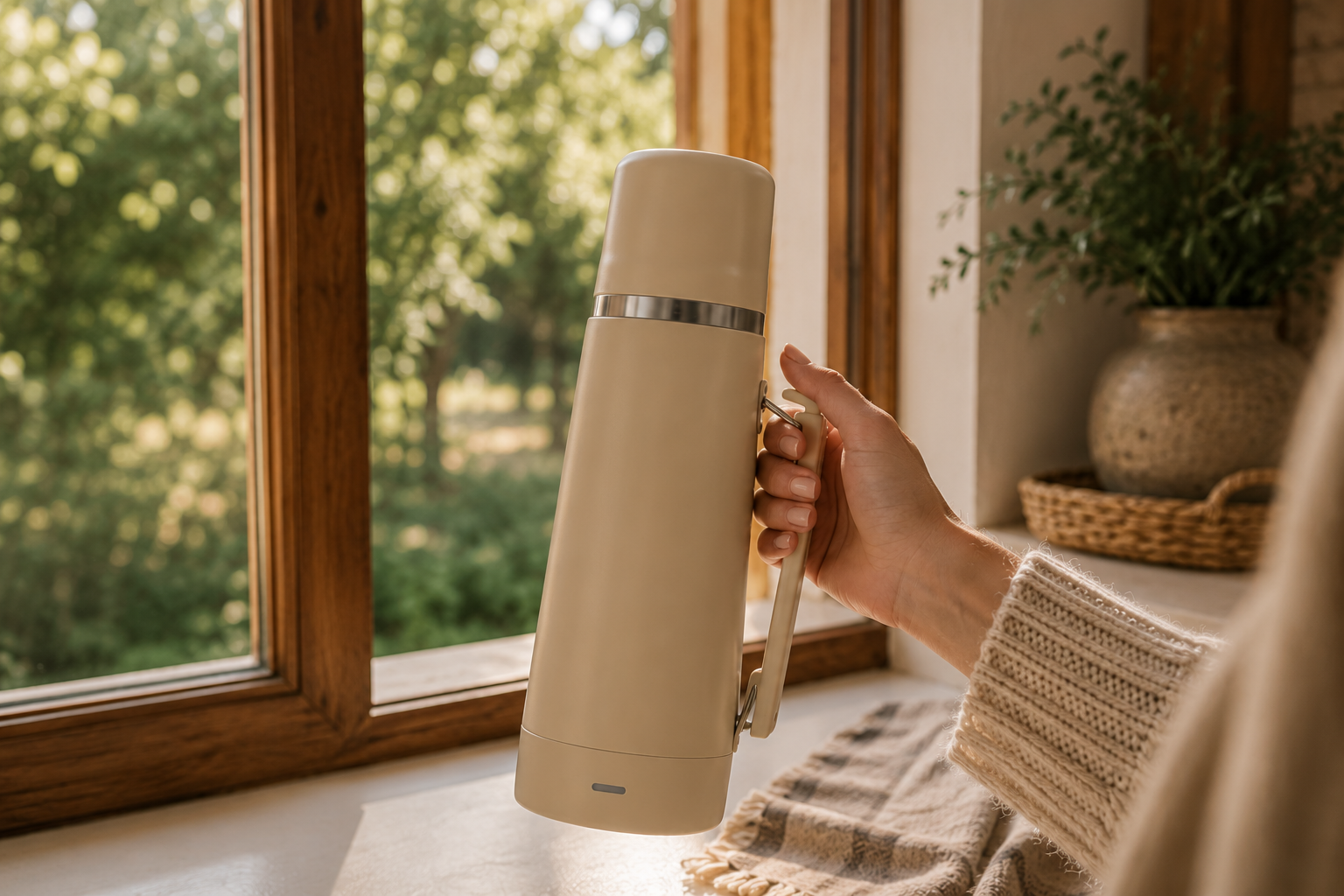 Termo eléctrico sostenido en la mano junto a una ventana