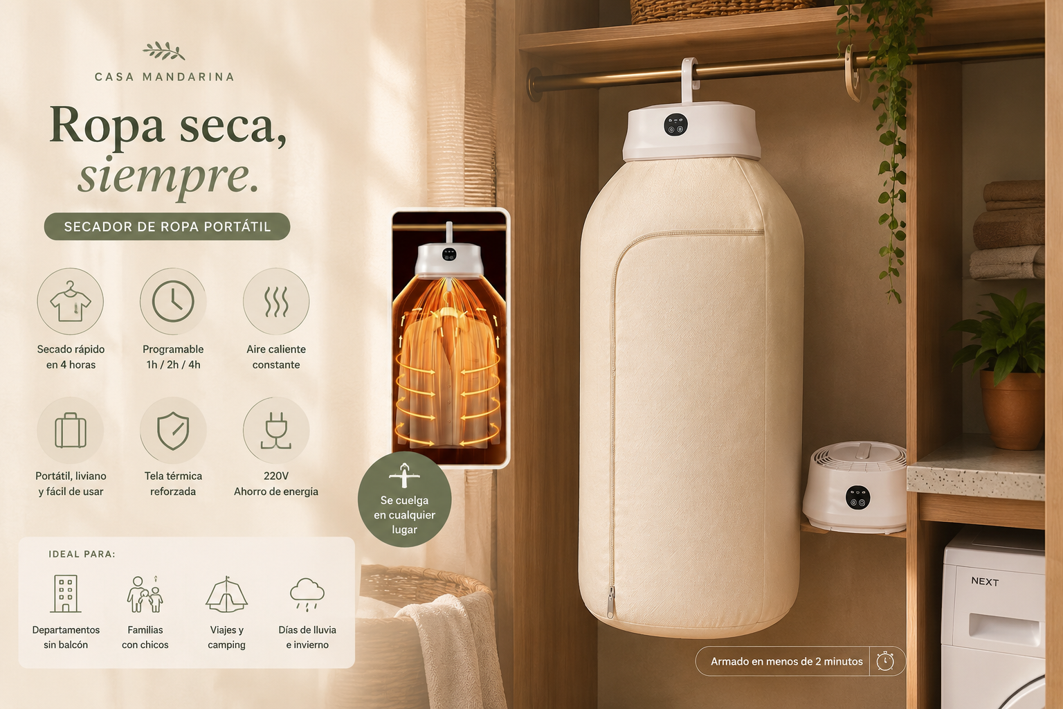 Infografía Casa Mandarina: características de la secadora portátil