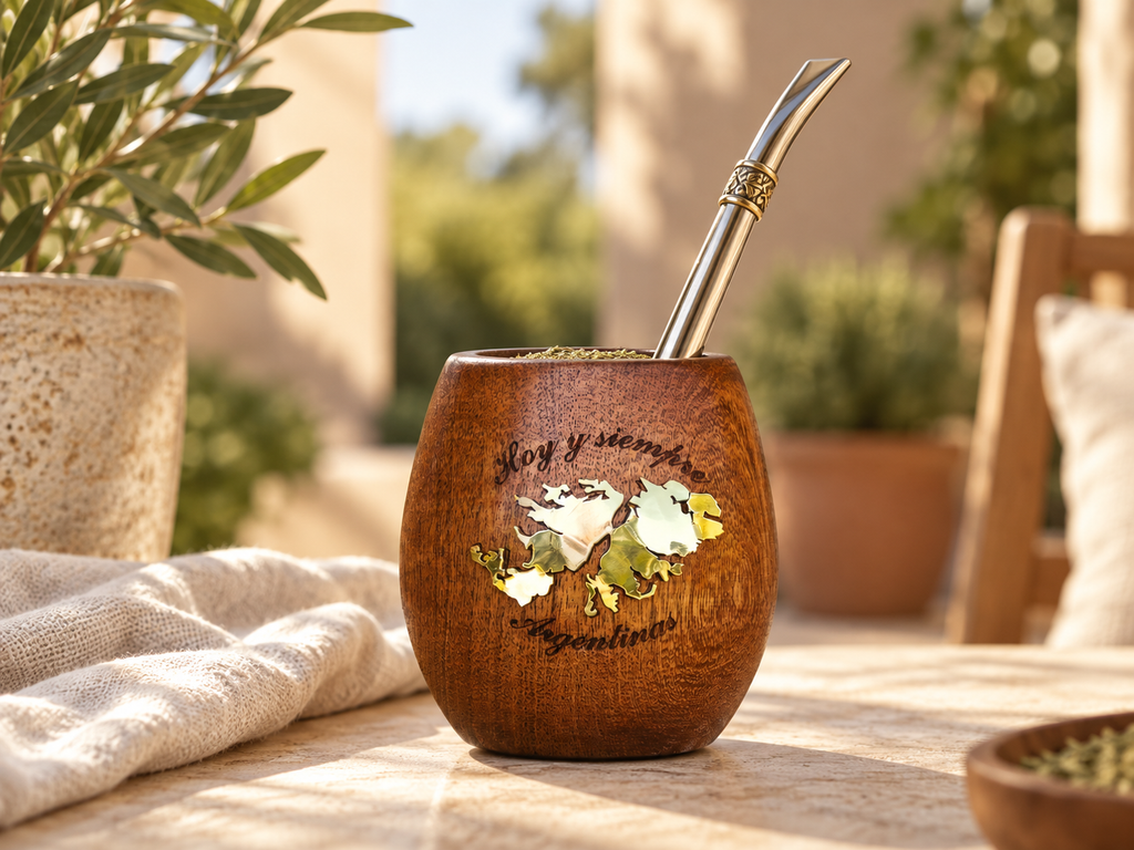 Mate de algarrobo con incrustación de las Islas Malvinas