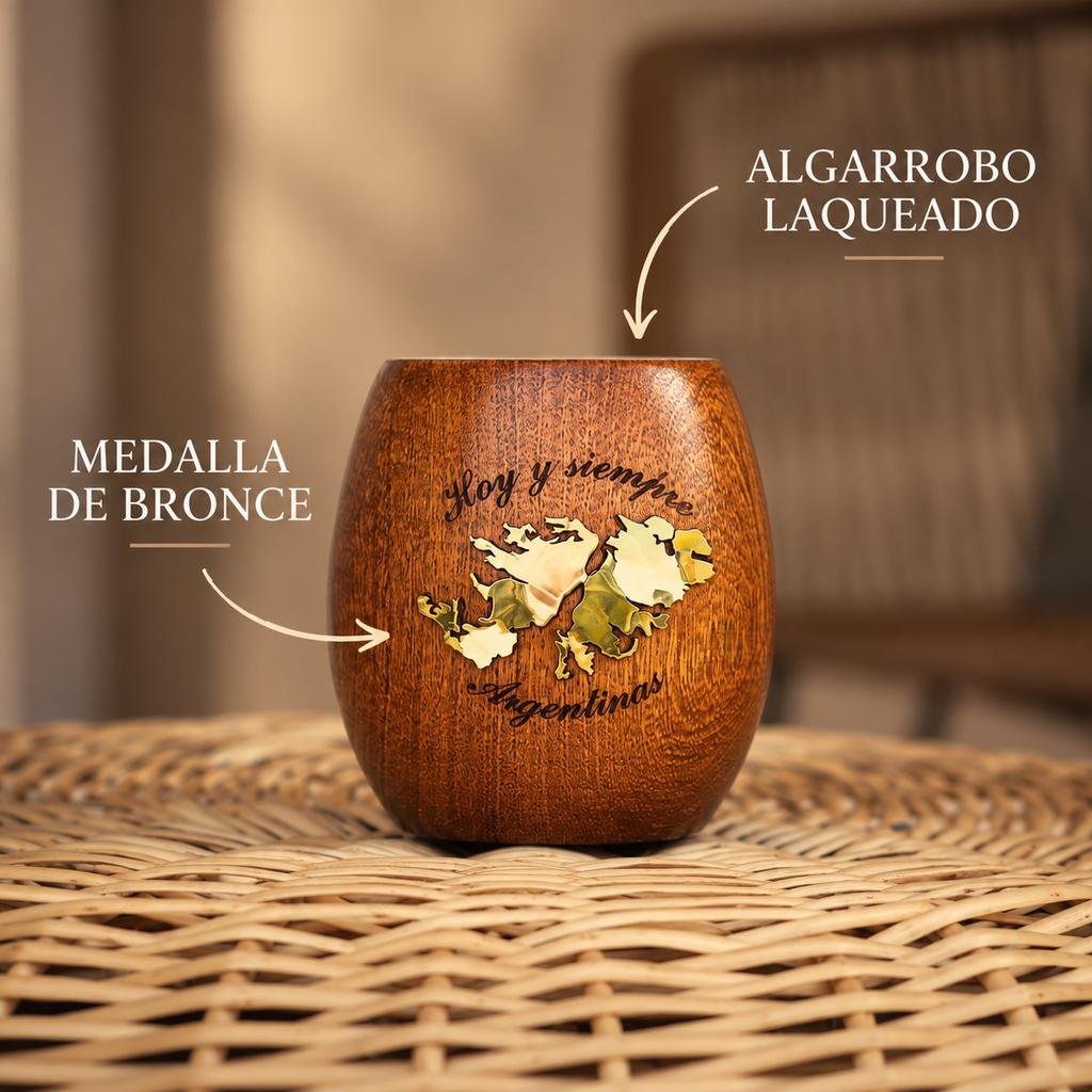 Detalle del mate de algarrobo laqueado con medalla de bronce de las Malvinas