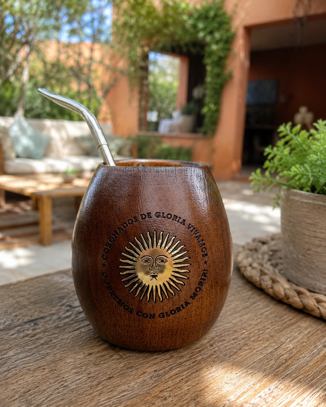 Mate de algarrobo Sol de Mayo en patio