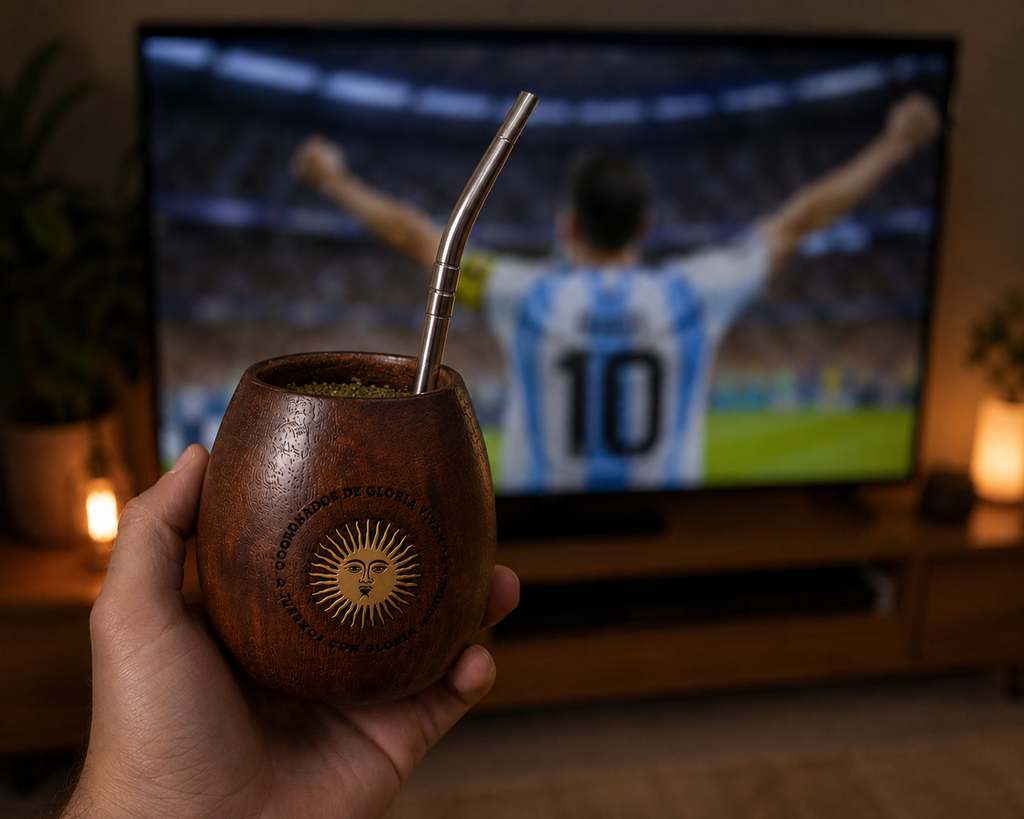 Mate de algarrobo Sol de Mayo viendo el partido