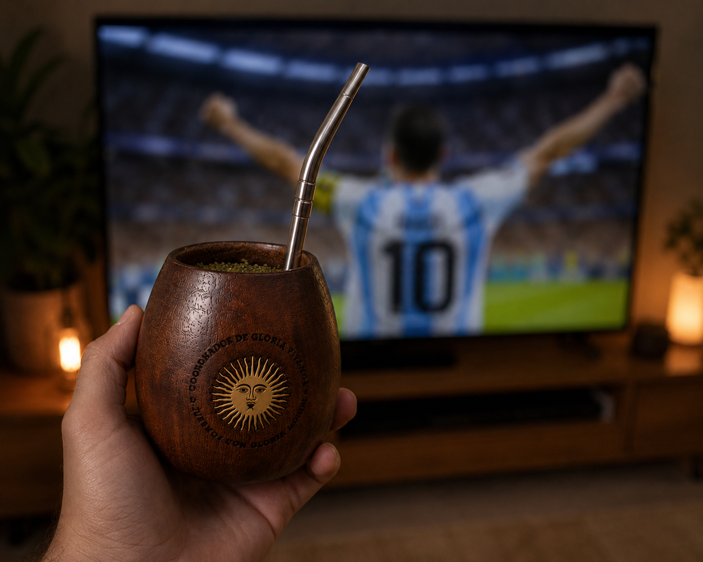 Mate de algarrobo Sol de Mayo viendo el partido
